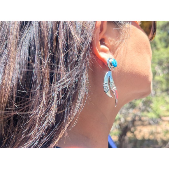 Navajo Earrings Handmade‎ Native American Kingman Turquoise NA Silver Jewelry ** - Picture 10 of 11